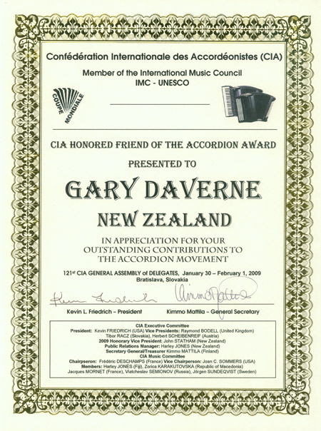 CIA Honored Friend of the Accordion certificate
