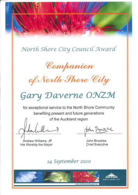 Companion of North Shore City certificate